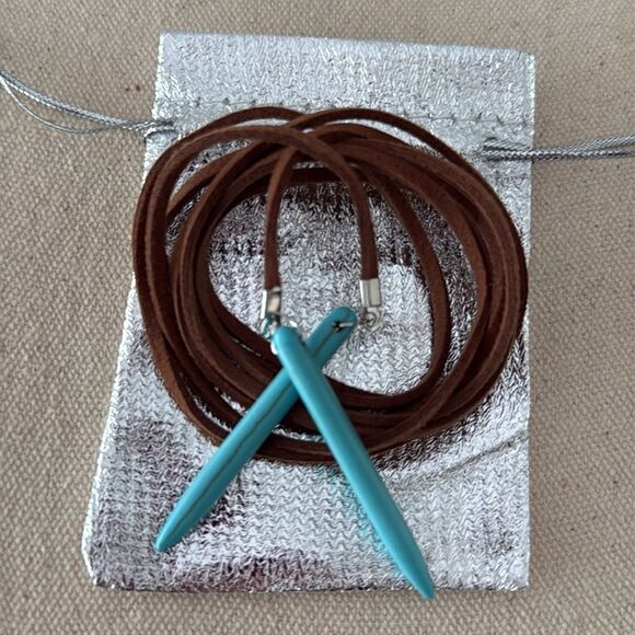Western Bolo Tie - Brown Faux Suede Cord with Turquoise Accents - Picture 7 of 7